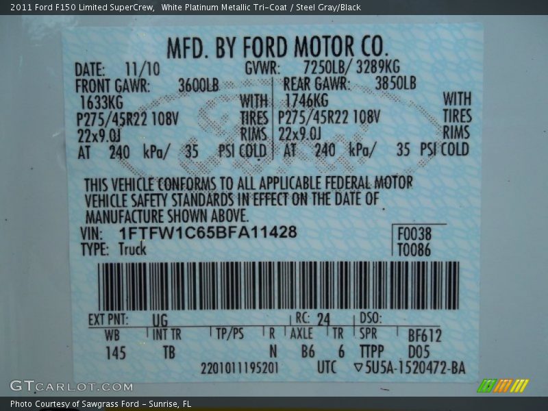 2011 F150 Limited SuperCrew White Platinum Metallic Tri-Coat Color Code UG