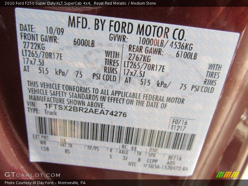 2010 F250 Super Duty XLT SuperCab 4x4 Royal Red Metallic Color Code UK