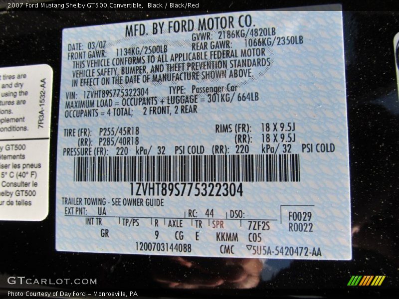 2007 Mustang Shelby GT500 Convertible Black Color Code UA