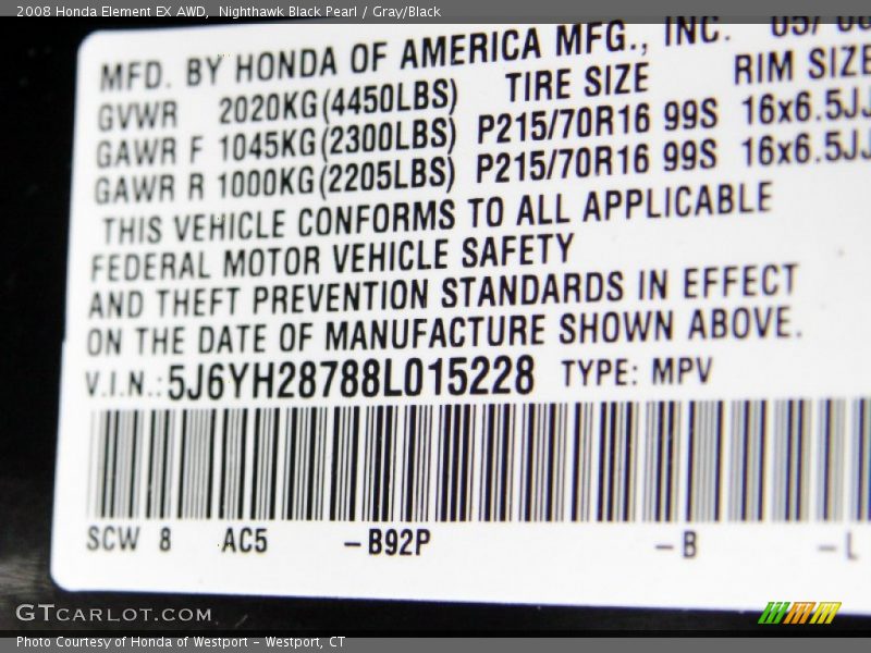 Nighthawk Black Pearl / Gray/Black 2008 Honda Element EX AWD