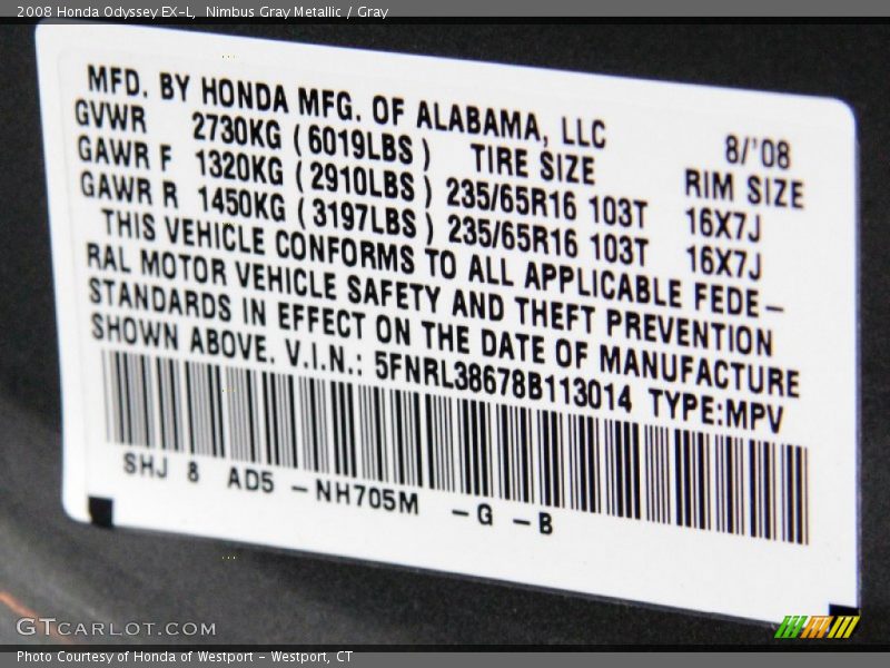 Nimbus Gray Metallic / Gray 2008 Honda Odyssey EX-L
