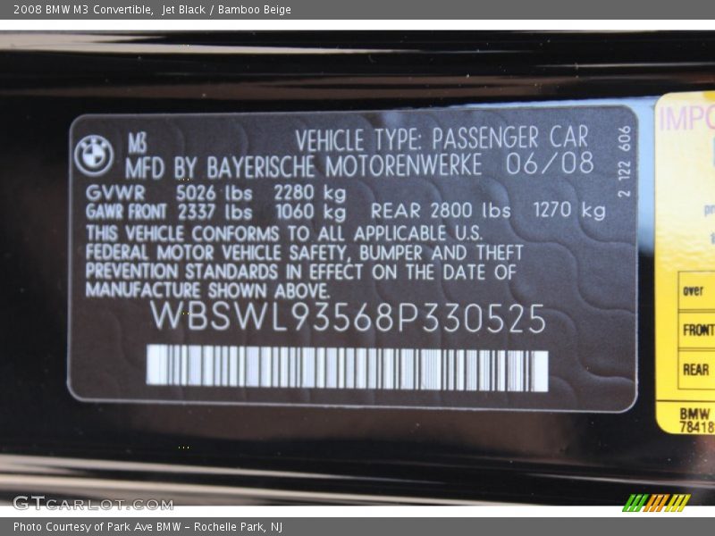 Jet Black / Bamboo Beige 2008 BMW M3 Convertible