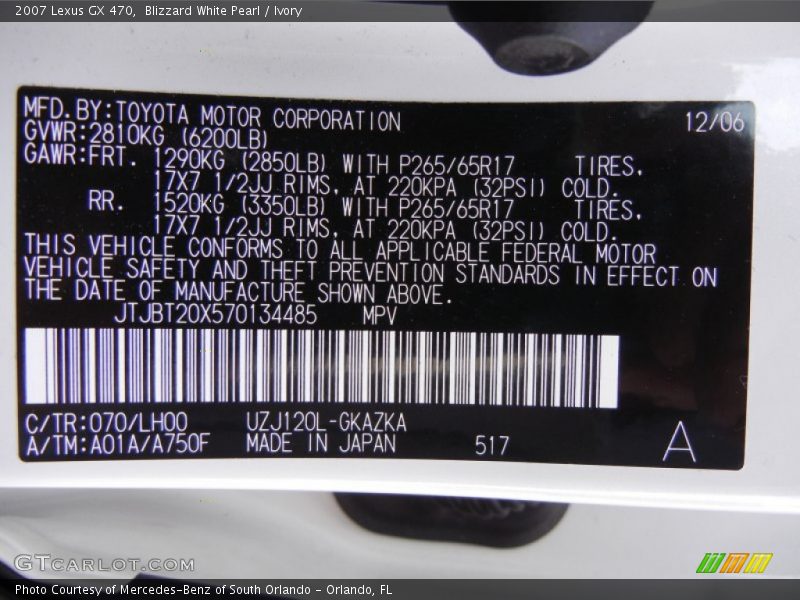 2007 GX 470 Blizzard White Pearl Color Code 070