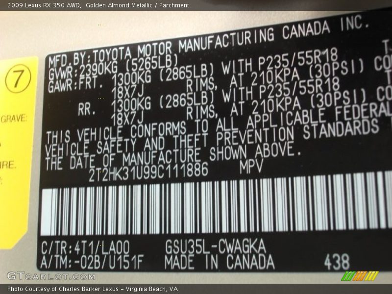 Golden Almond Metallic / Parchment 2009 Lexus RX 350 AWD