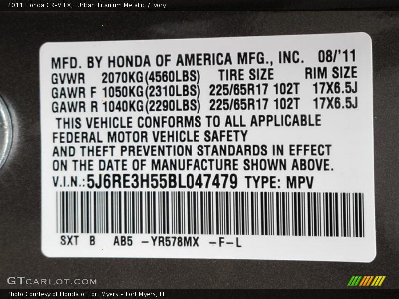 2011 CR-V EX Urban Titanium Metallic Color Code YR578MX
