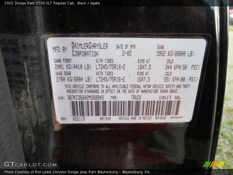 Black / Agate 2002 Dodge Ram 2500 SLT Regular Cab