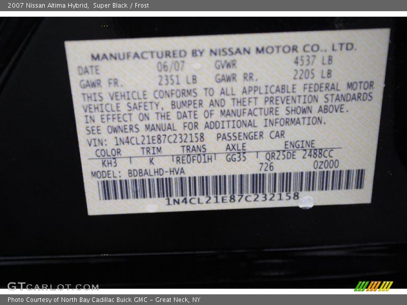 2007 Altima Hybrid Super Black Color Code KH3