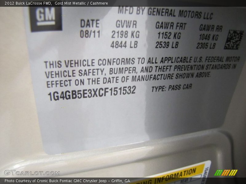 Gold Mist Metallic / Cashmere 2012 Buick LaCrosse FWD