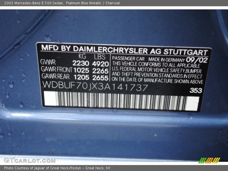 2003 E 500 Sedan Platinum Blue Metallic Color Code 353