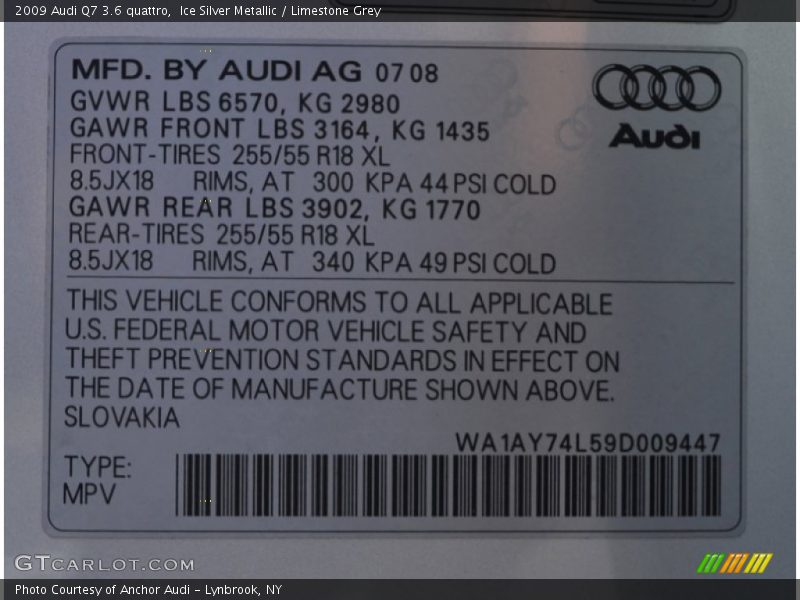 Ice Silver Metallic / Limestone Grey 2009 Audi Q7 3.6 quattro