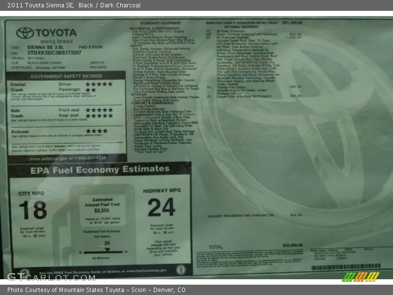 Black / Dark Charcoal 2011 Toyota Sienna SE