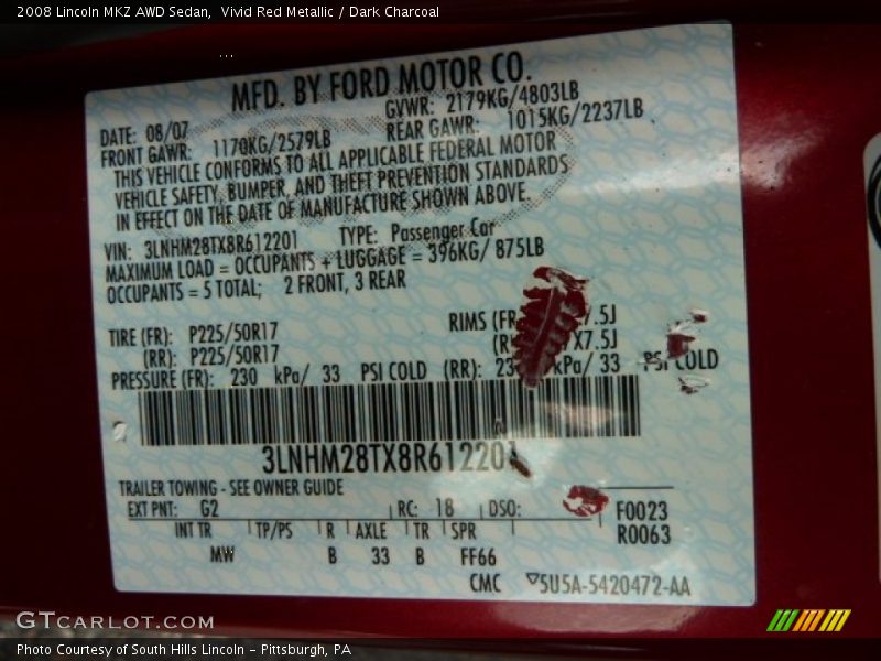 Vivid Red Metallic / Dark Charcoal 2008 Lincoln MKZ AWD Sedan