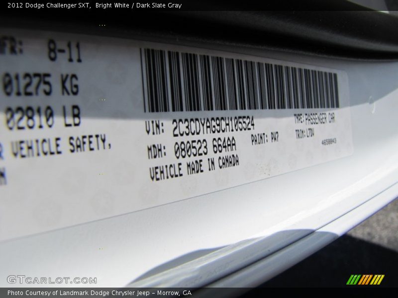 Bright White / Dark Slate Gray 2012 Dodge Challenger SXT