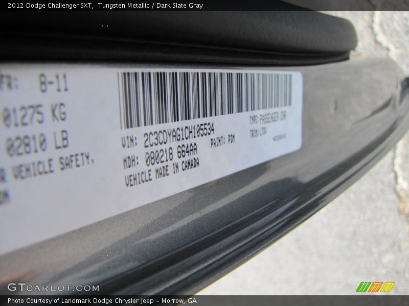 2012 Challenger SXT Tungsten Metallic Color Code PDM