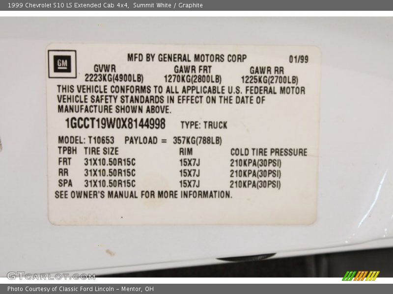 Info Tag of 1999 S10 LS Extended Cab 4x4