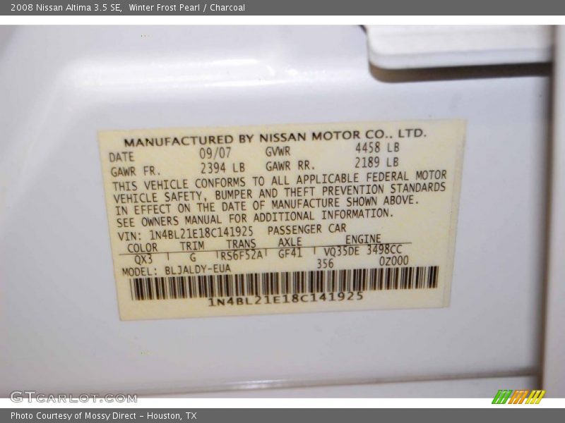 Winter Frost Pearl / Charcoal 2008 Nissan Altima 3.5 SE