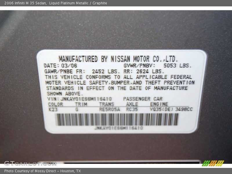 2006 M 35 Sedan Liquid Platinum Metallic Color Code K23