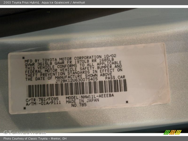 2003 Prius Hybrid Aqua Ice Opalescent Color Code 761