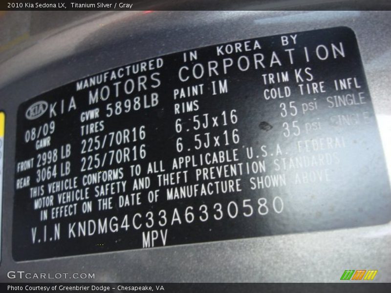 Titanium Silver / Gray 2010 Kia Sedona LX