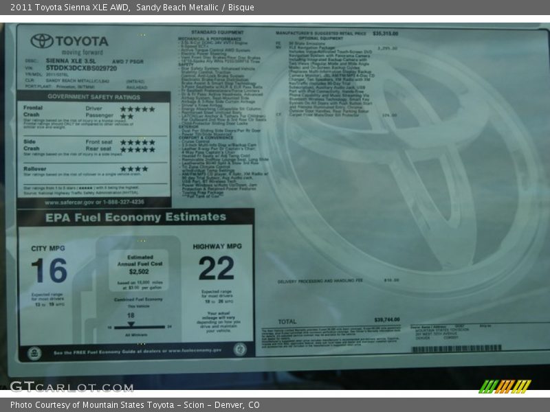 Sandy Beach Metallic / Bisque 2011 Toyota Sienna XLE AWD