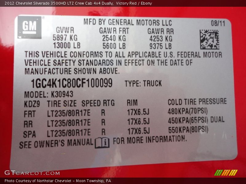 Info Tag of 2012 Silverado 3500HD LTZ Crew Cab 4x4 Dually