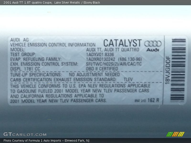 Info Tag of 2001 TT 1.8T quattro Coupe
