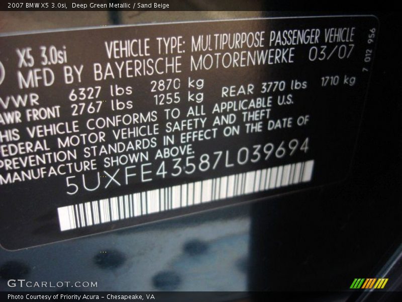 Deep Green Metallic / Sand Beige 2007 BMW X5 3.0si
