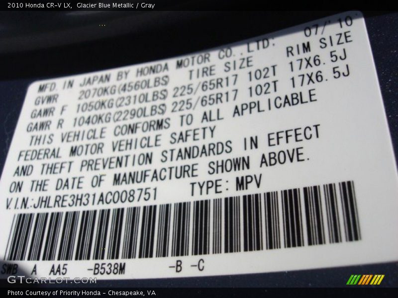 2010 CR-V LX Glacier Blue Metallic Color Code B538M