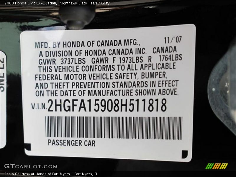 Nighthawk Black Pearl / Gray 2008 Honda Civic EX-L Sedan