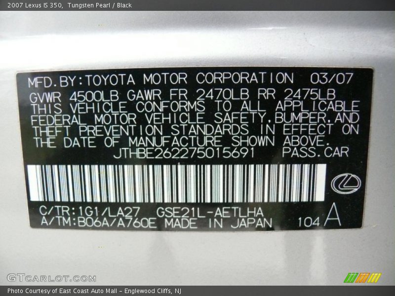 Tungsten Pearl / Black 2007 Lexus IS 350