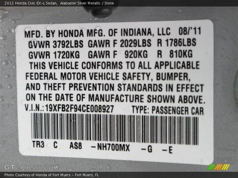 Alabaster Silver Metallic / Stone 2012 Honda Civic EX-L Sedan