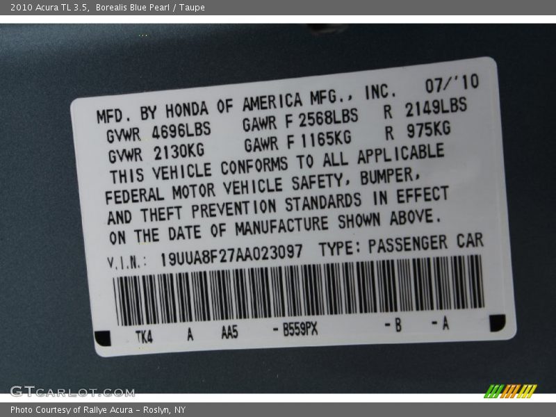2010 TL 3.5 Borealis Blue Pearl Color Code B559PX