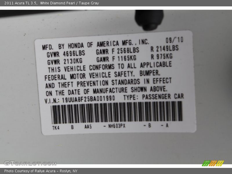 2011 TL 3.5 White Diamond Pearl Color Code NH603PX