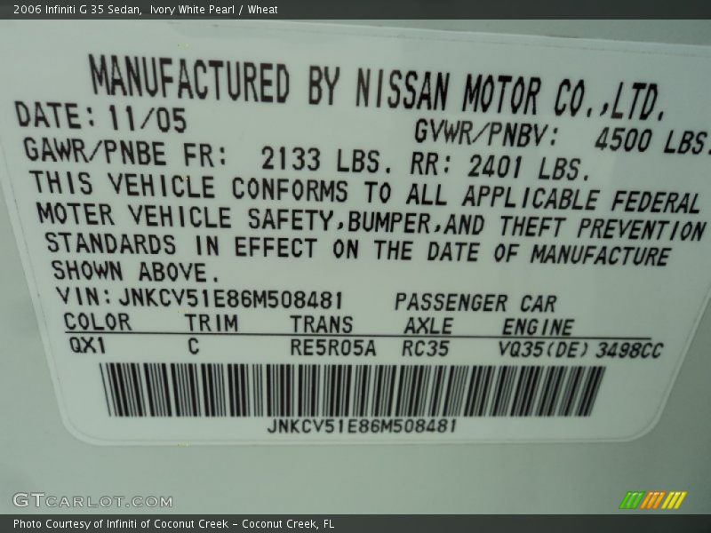 Ivory White Pearl / Wheat 2006 Infiniti G 35 Sedan