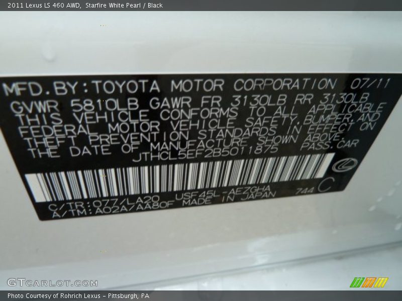 2011 LS 460 AWD Starfire White Pearl Color Code 077