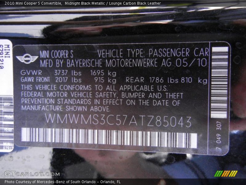 Midnight Black Metallic / Lounge Carbon Black Leather 2010 Mini Cooper S Convertible