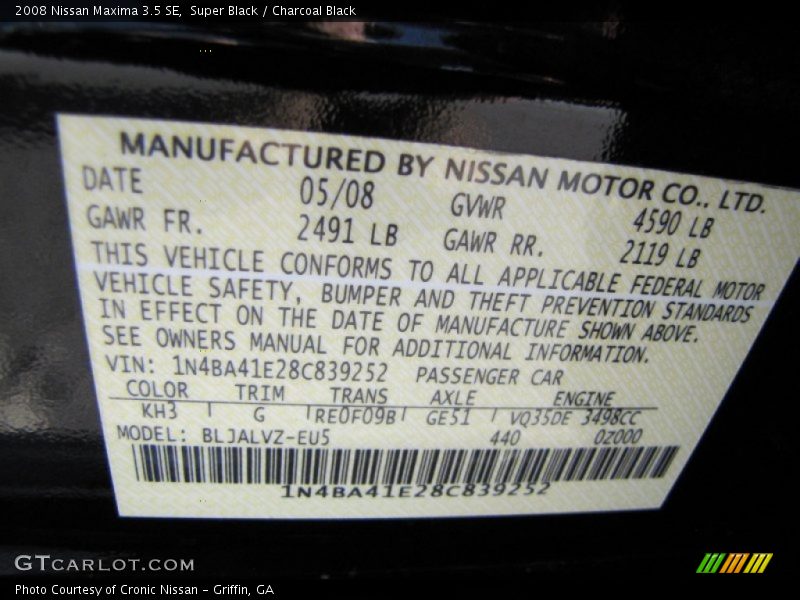 Super Black / Charcoal Black 2008 Nissan Maxima 3.5 SE
