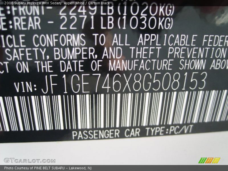 Aspen White / Carbon Black 2008 Subaru Impreza WRX Sedan