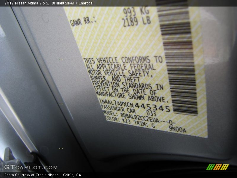 Brilliant Silver / Charcoal 2012 Nissan Altima 2.5 S