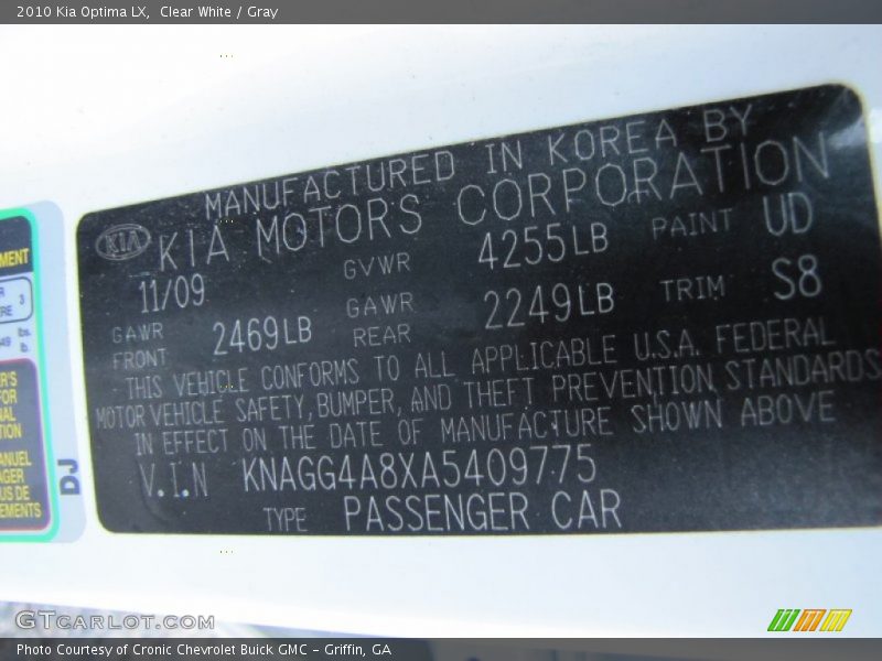 Clear White / Gray 2010 Kia Optima LX