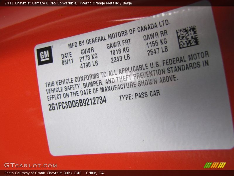 Info Tag of 2011 Camaro LT/RS Convertible