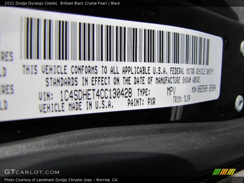 2012 Durango Citadel Brilliant Black Crystal Pearl Color Code PXR