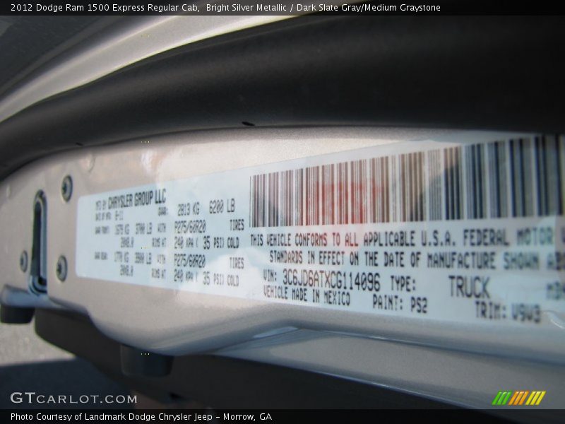 Bright Silver Metallic / Dark Slate Gray/Medium Graystone 2012 Dodge Ram 1500 Express Regular Cab