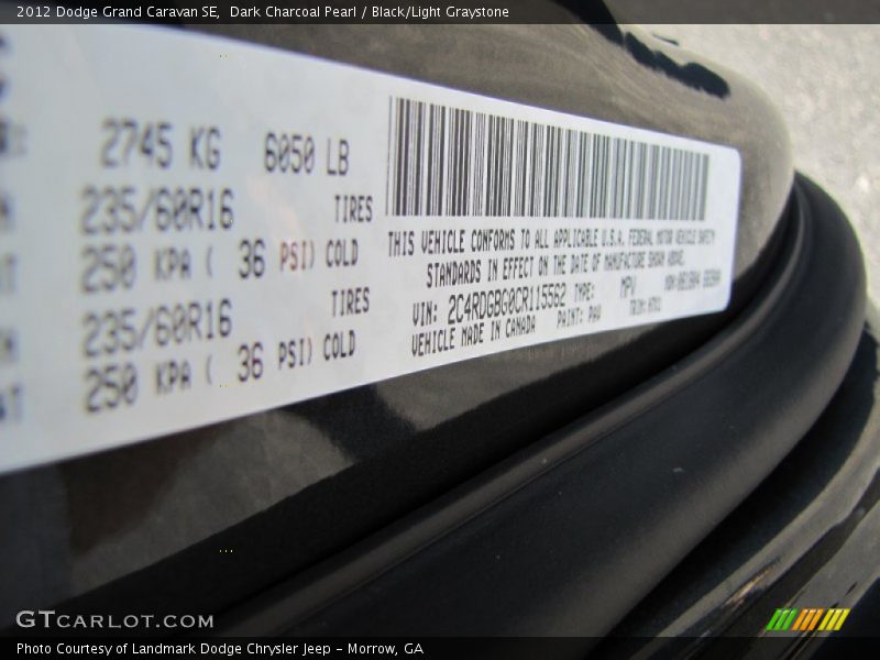 Dark Charcoal Pearl / Black/Light Graystone 2012 Dodge Grand Caravan SE