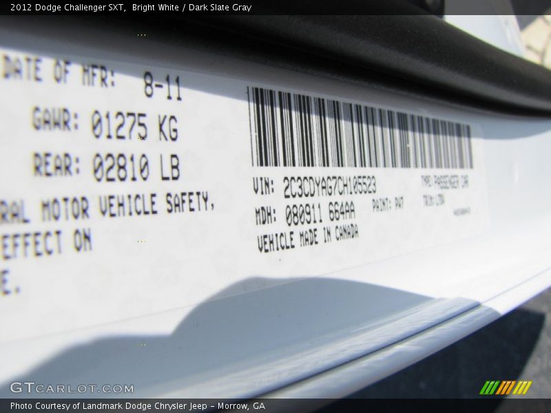 Bright White / Dark Slate Gray 2012 Dodge Challenger SXT