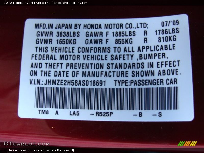 2010 Insight Hybrid LX Tango Red Pearl Color Code R525P