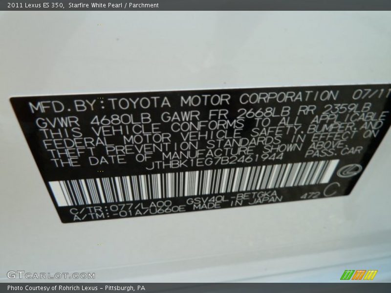 Starfire White Pearl / Parchment 2011 Lexus ES 350