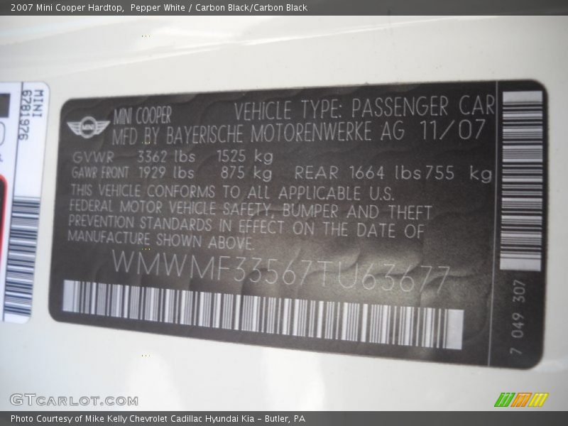 Pepper White / Carbon Black/Carbon Black 2007 Mini Cooper Hardtop