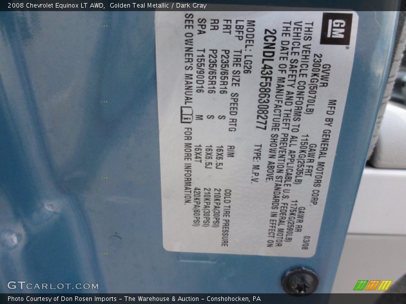 Golden Teal Metallic / Dark Gray 2008 Chevrolet Equinox LT AWD