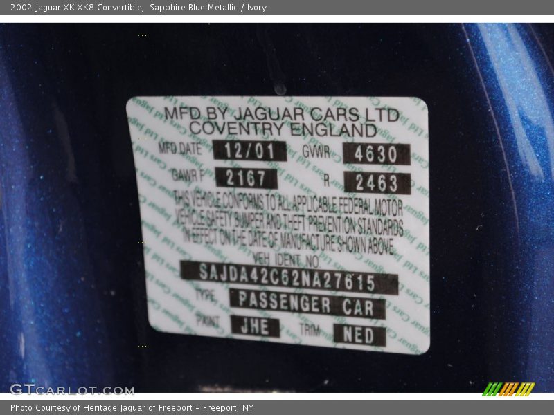 2002 XK XK8 Convertible Sapphire Blue Metallic Color Code JHE